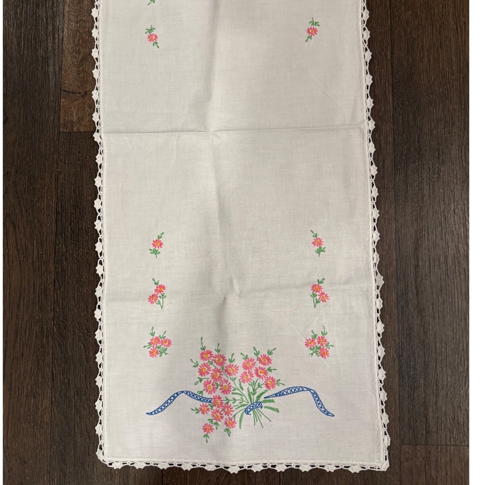 Vintage Embroidered Floral Table Runner Pink Flowers Blue Ribbon Trim 40 x 16